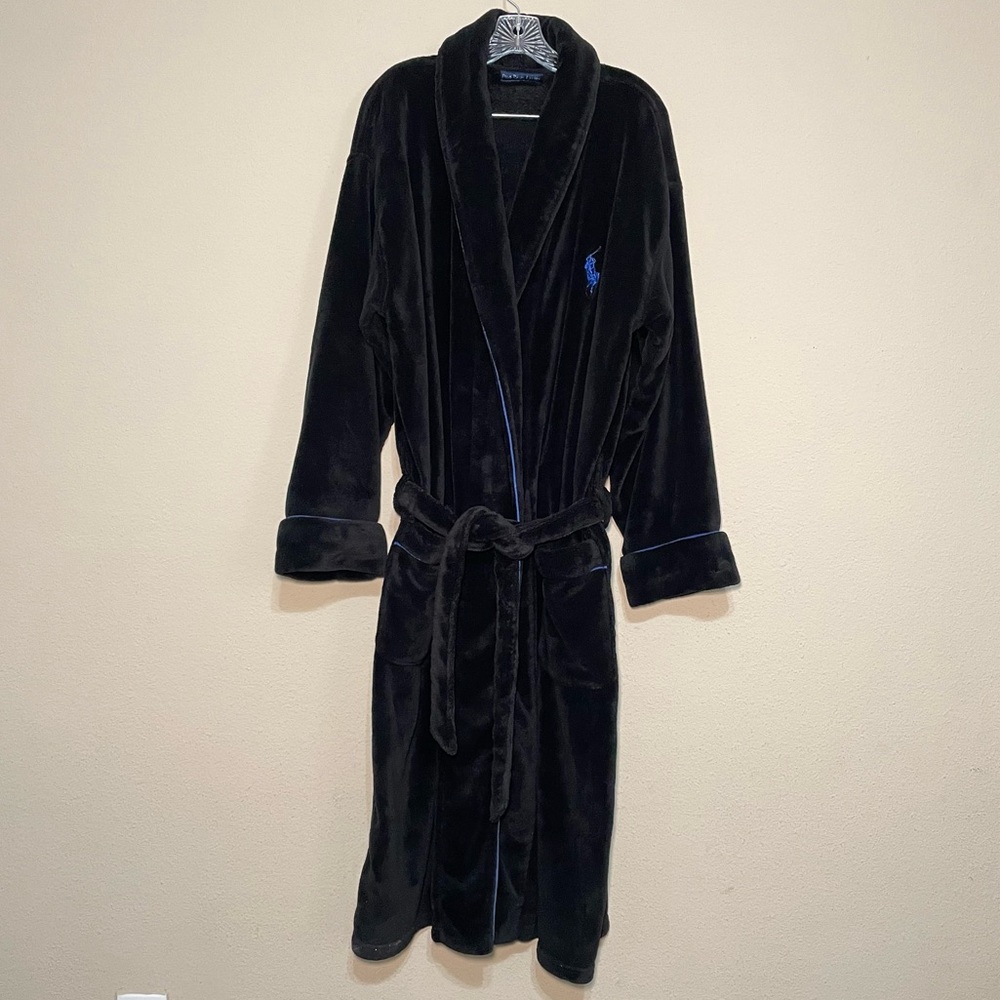 Polo Ralph Lauren Plush Velour Bath Robe Black Men's O/S Belted Pockets